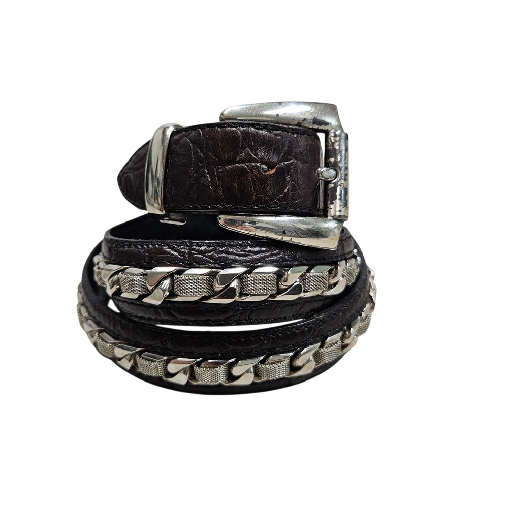 Nanni Made in Italy Leather Metal Chain Heavy Duty Belt Brown‎ Croc Embossed 36